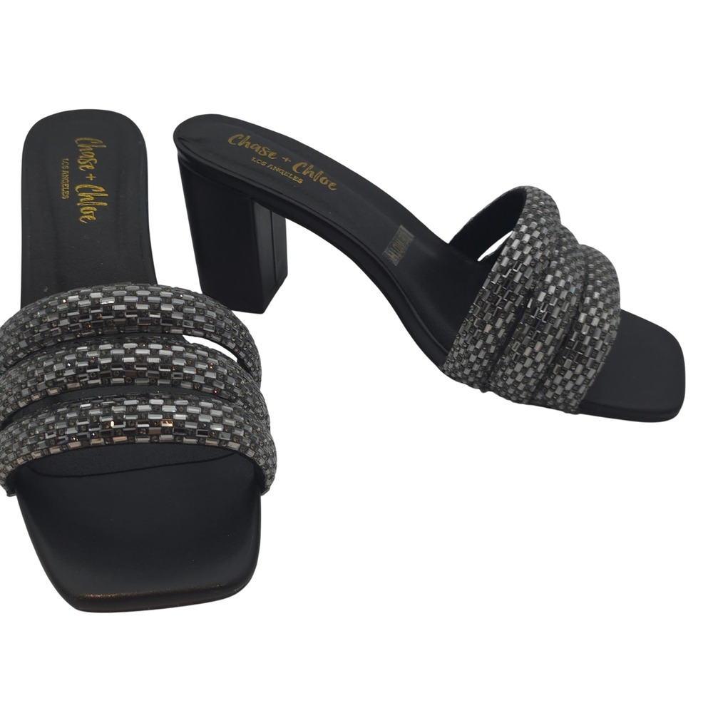 Chase + Chloe Leilani Block Heel Sandals 10W Wide Black Silver Beaded Slide‎ LA